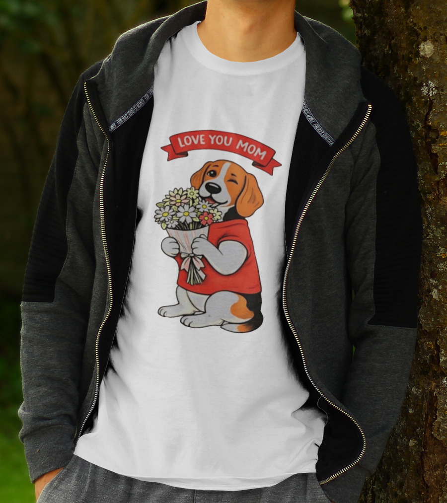Love You Mom Beagle Holding Flowers Bouquet T-Shirt