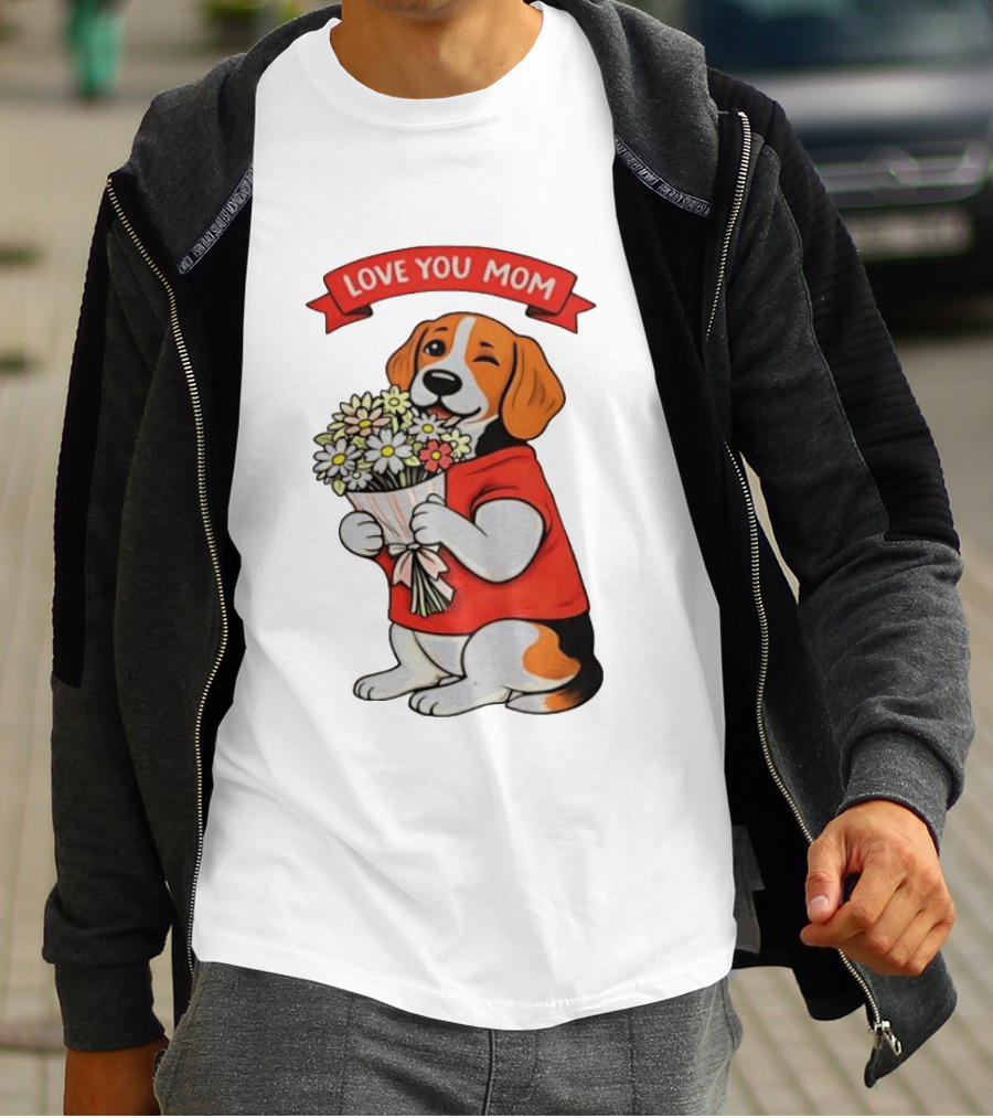 Love You Mom Beagle Holding Flowers Bouquet T-Shirt