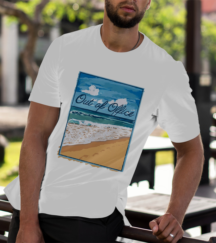 Out Of Office Beach Painting Photo 2025 Blue Sky Ocean Waves Sand T-Shirt