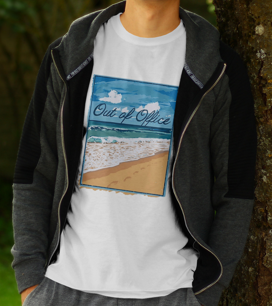 Out Of Office Beach Painting Photo 2025 Blue Sky Ocean Waves Sand T-Shirt