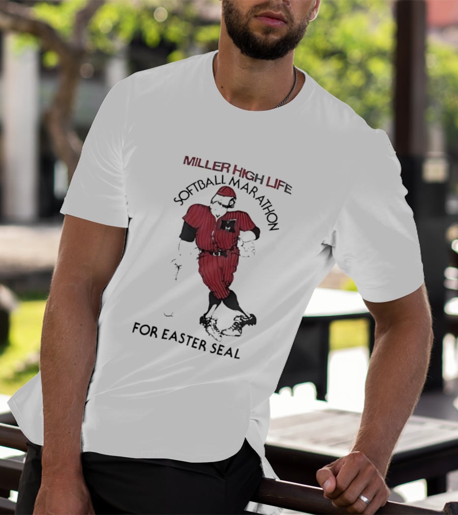 Miller High Life Softball Marathon For Easter Seal Player In Red Uniform T-Shirt