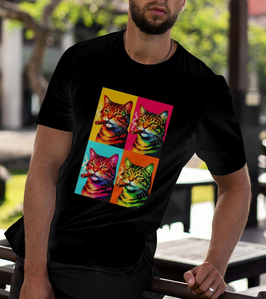 Pop Art Cat Smoking Cigar Colorful Comic T-Shirt