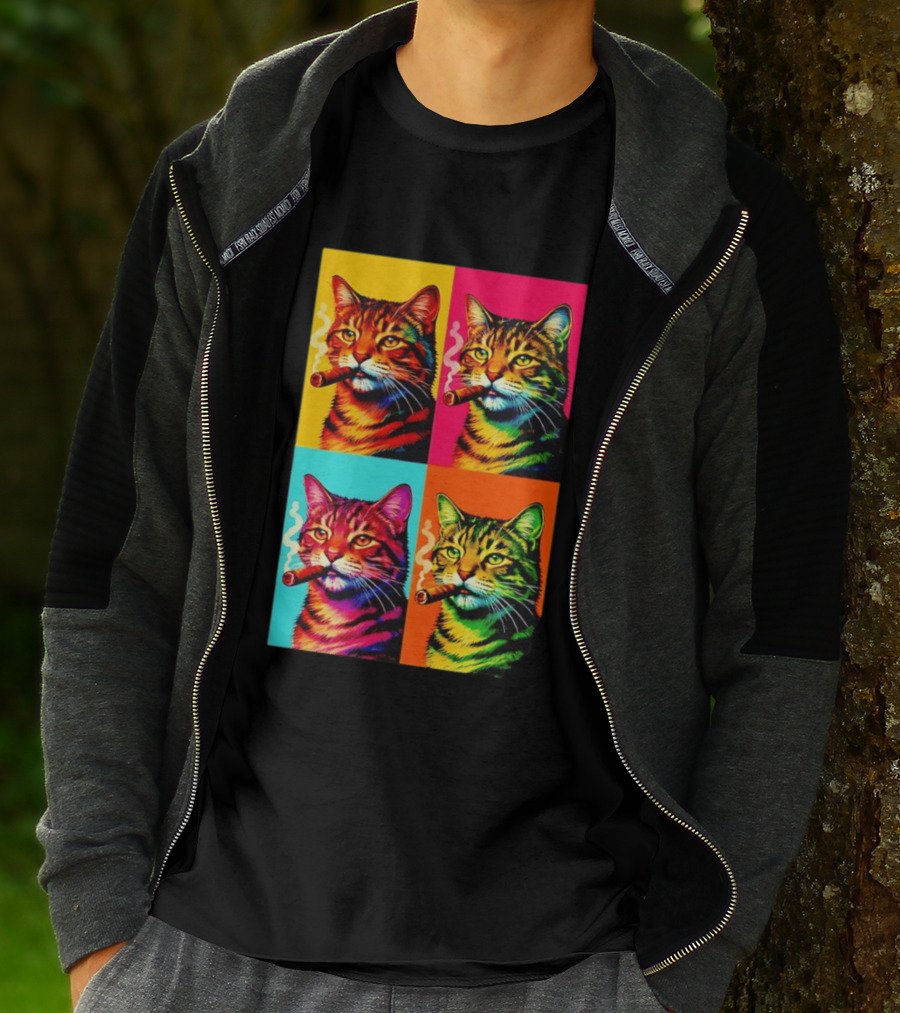 Pop Art Cat Smoking Cigar Colorful Comic T-Shirt