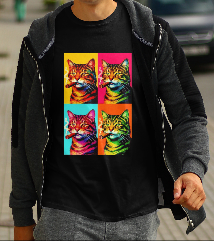 Pop Art Cat Smoking Cigar Colorful Comic T-Shirt