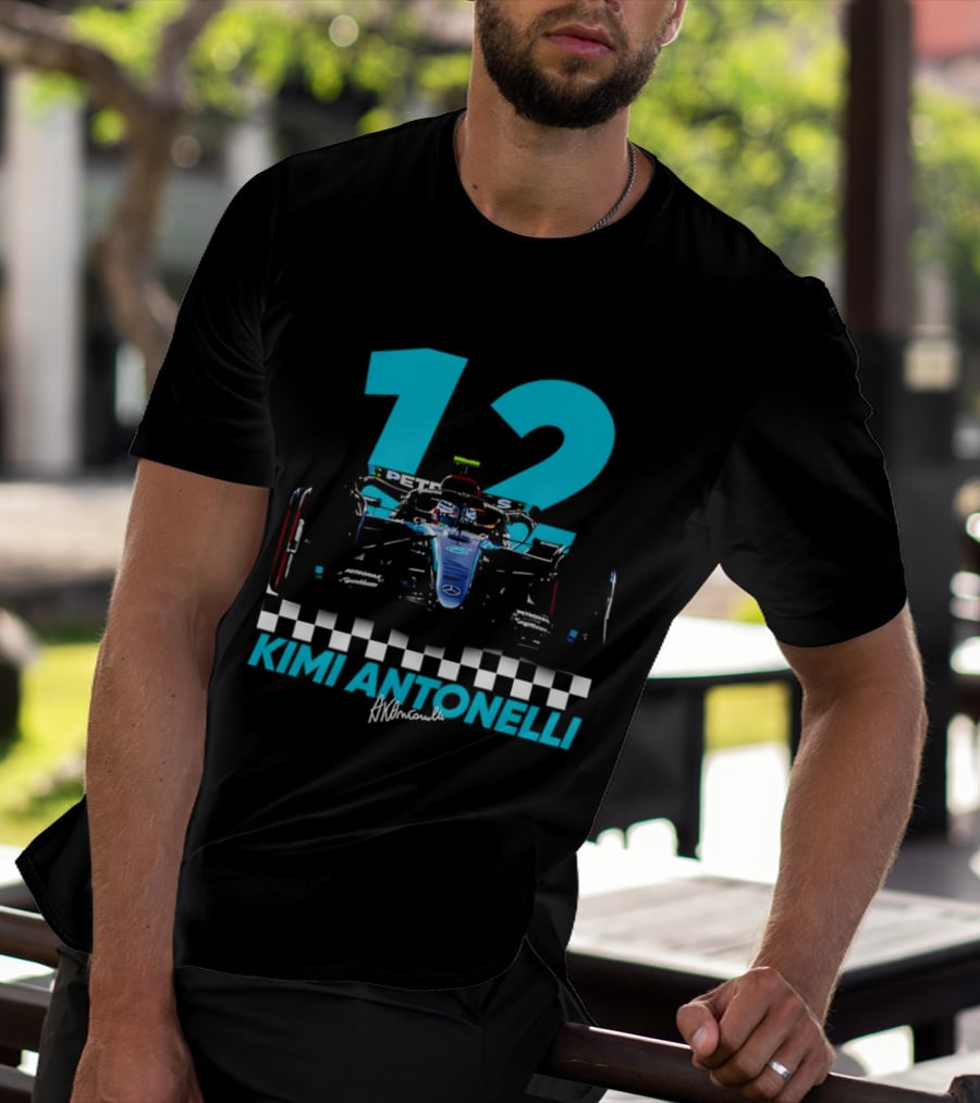 Kimi Antonelli 12 Formula One Racing Car With Checkered Flag T-Shirt