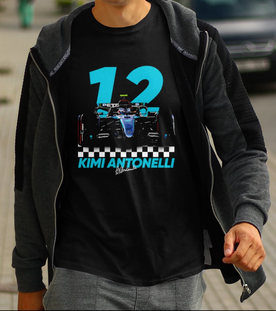 Kimi Antonelli 12 Formula One Racing Car With Checkered Flag T-Shirt