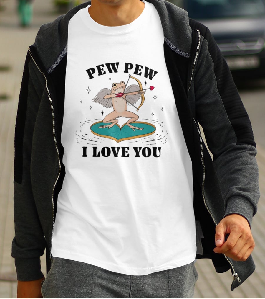 Pew Pew Cupid Frog Holding Love Bow Heart Shaped Lotus Leaf I Love You T-Shirt
