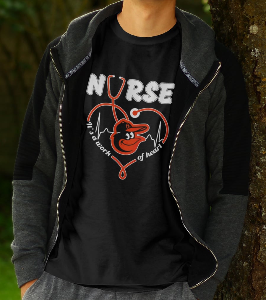 Baltimore Orioles Nurse It's A Work Of Heart Stethoscope And Heartbeat 2026 T-Shirt