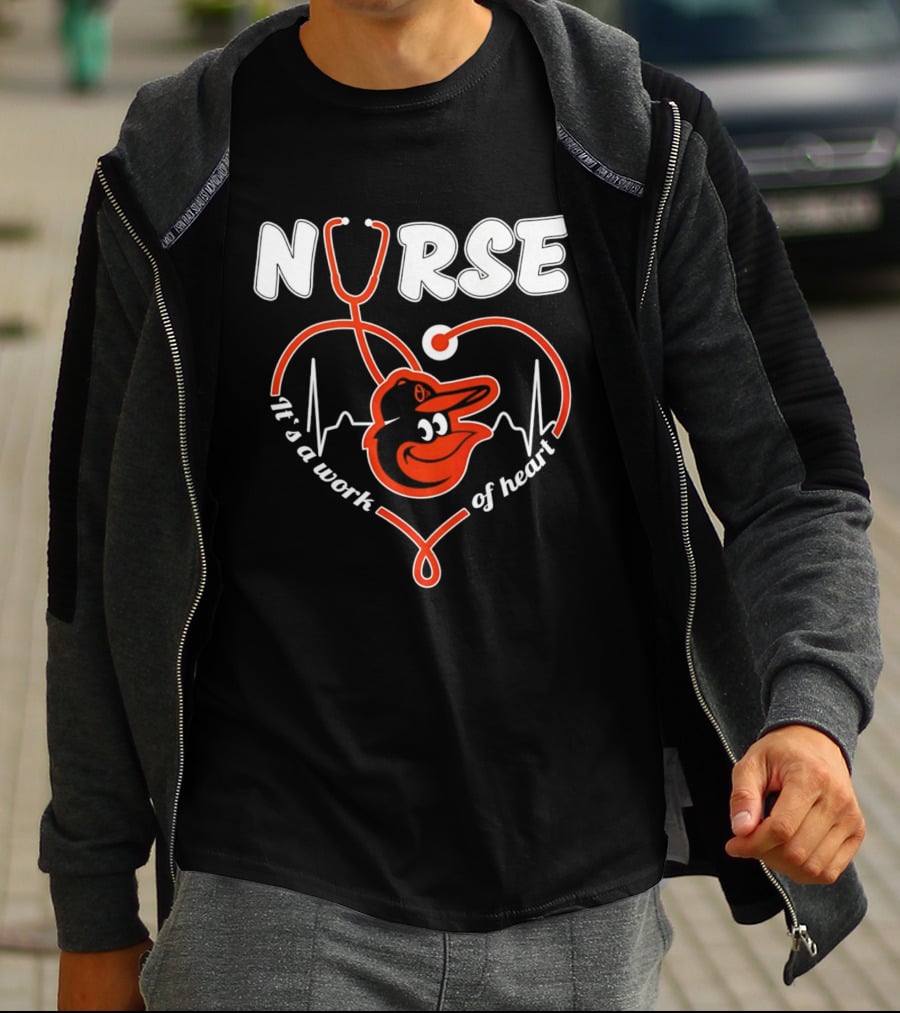Baltimore Orioles Nurse It's A Work Of Heart Stethoscope And Heartbeat 2026 T-Shirt