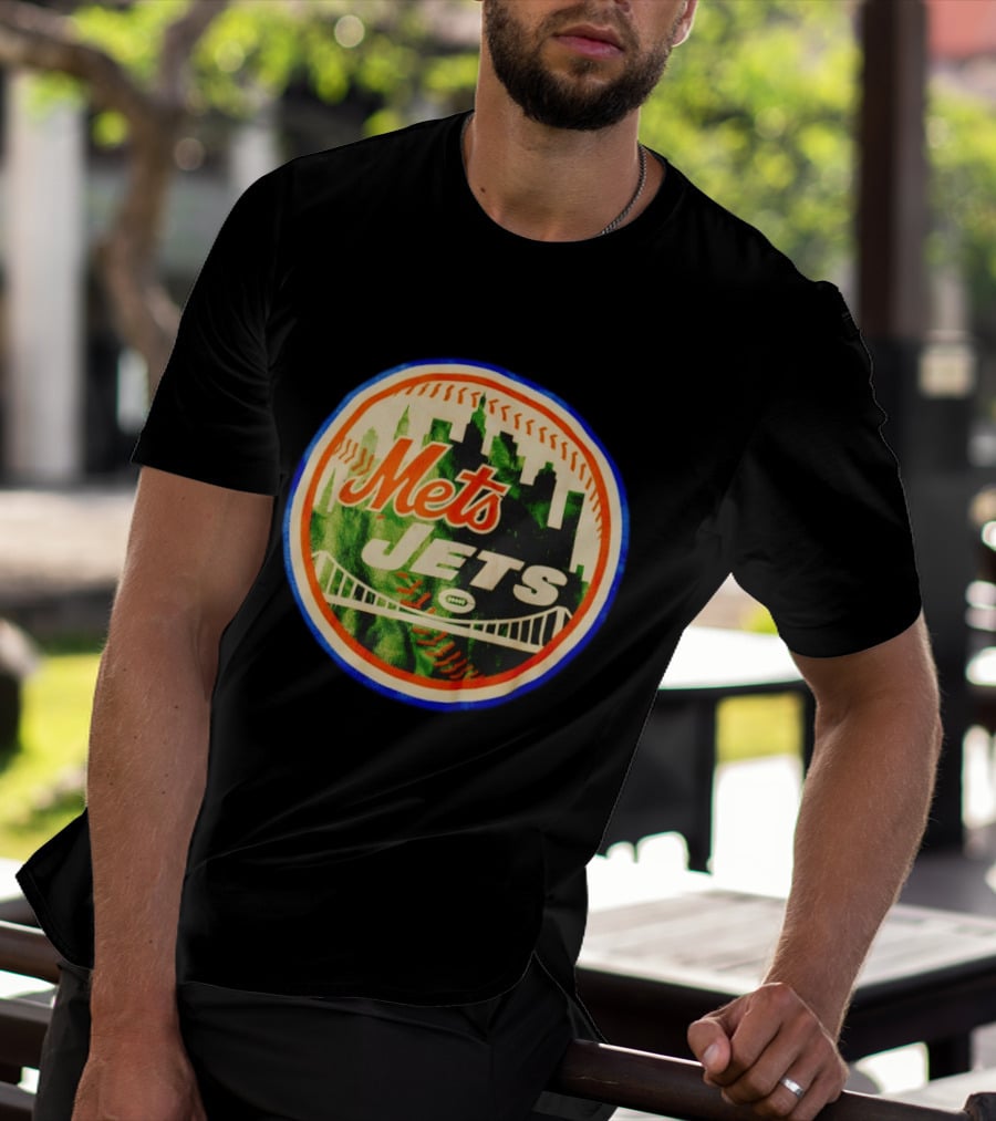 New York Mets Jets Football Baseball Crossover Skyline Bridge T-Shirt