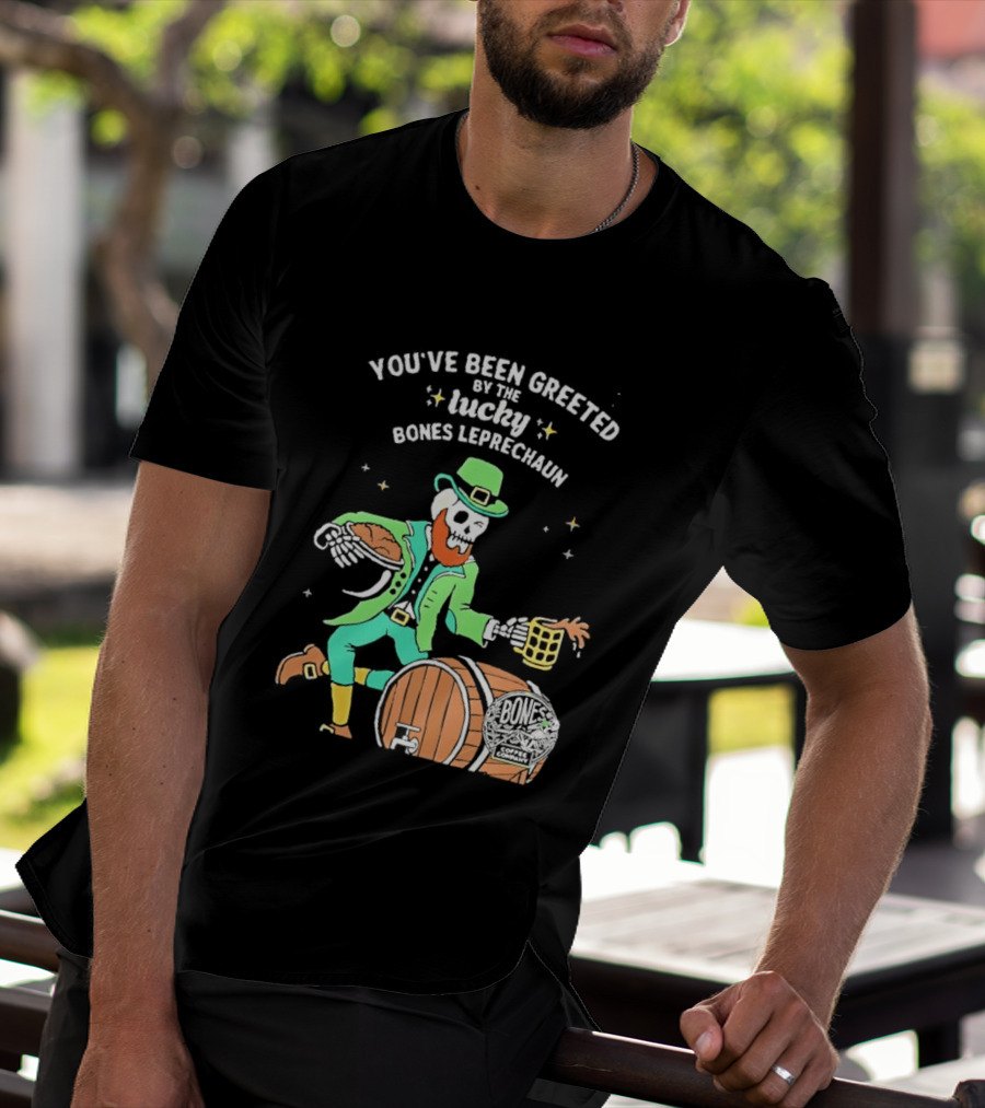Lucky Bones Leprechaun With Beer And Barrel Celebration T-Shirt
