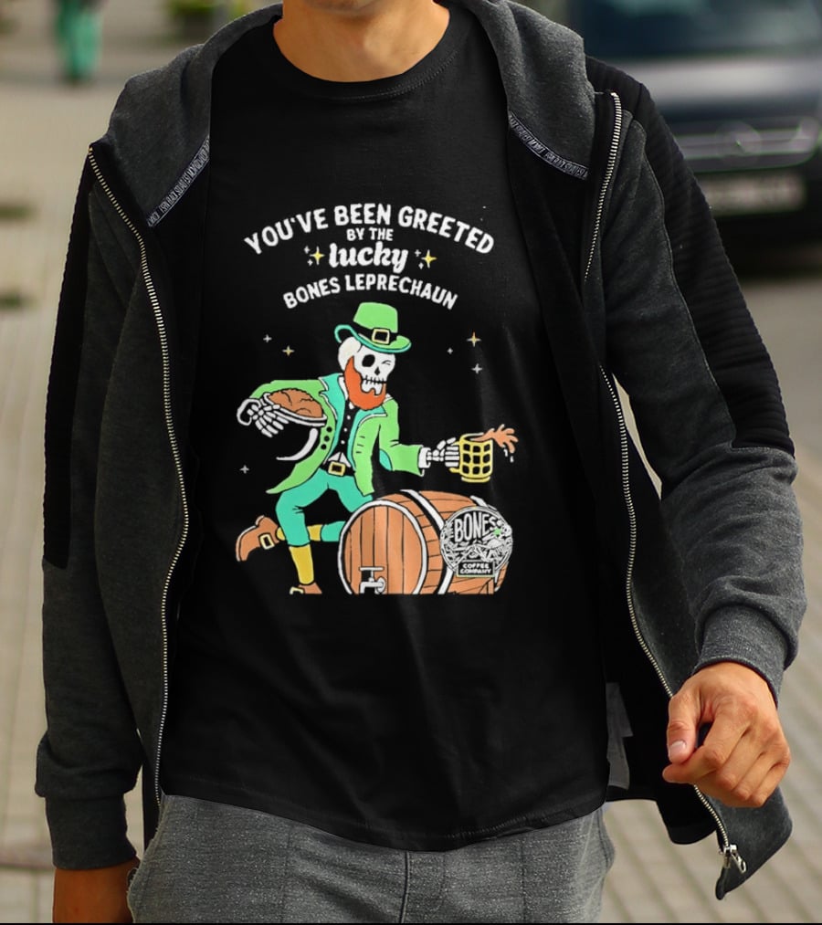 Lucky Bones Leprechaun With Beer And Barrel Celebration T-Shirt