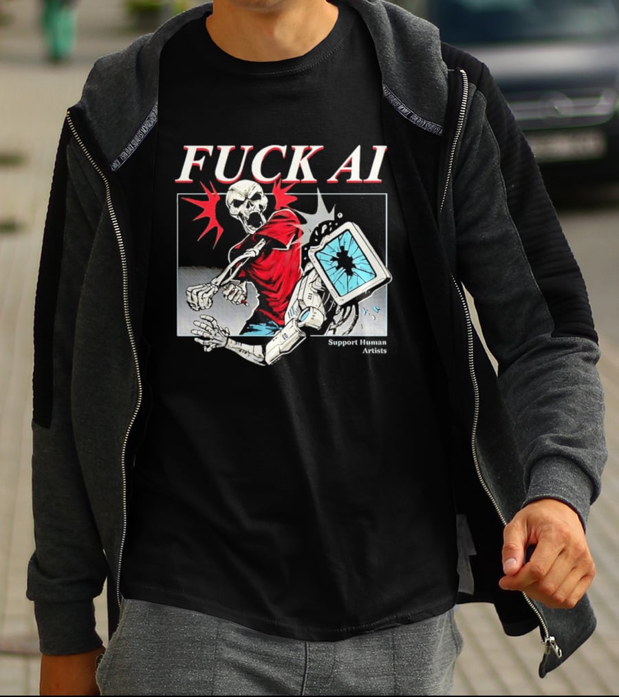 Skeleton Punch Robot Fuck AI Support Human Artists T-Shirt