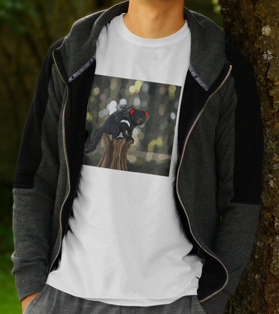 Tasmanian Devil With Machine Gun Cartoon On Tree Stump T-Shirt
