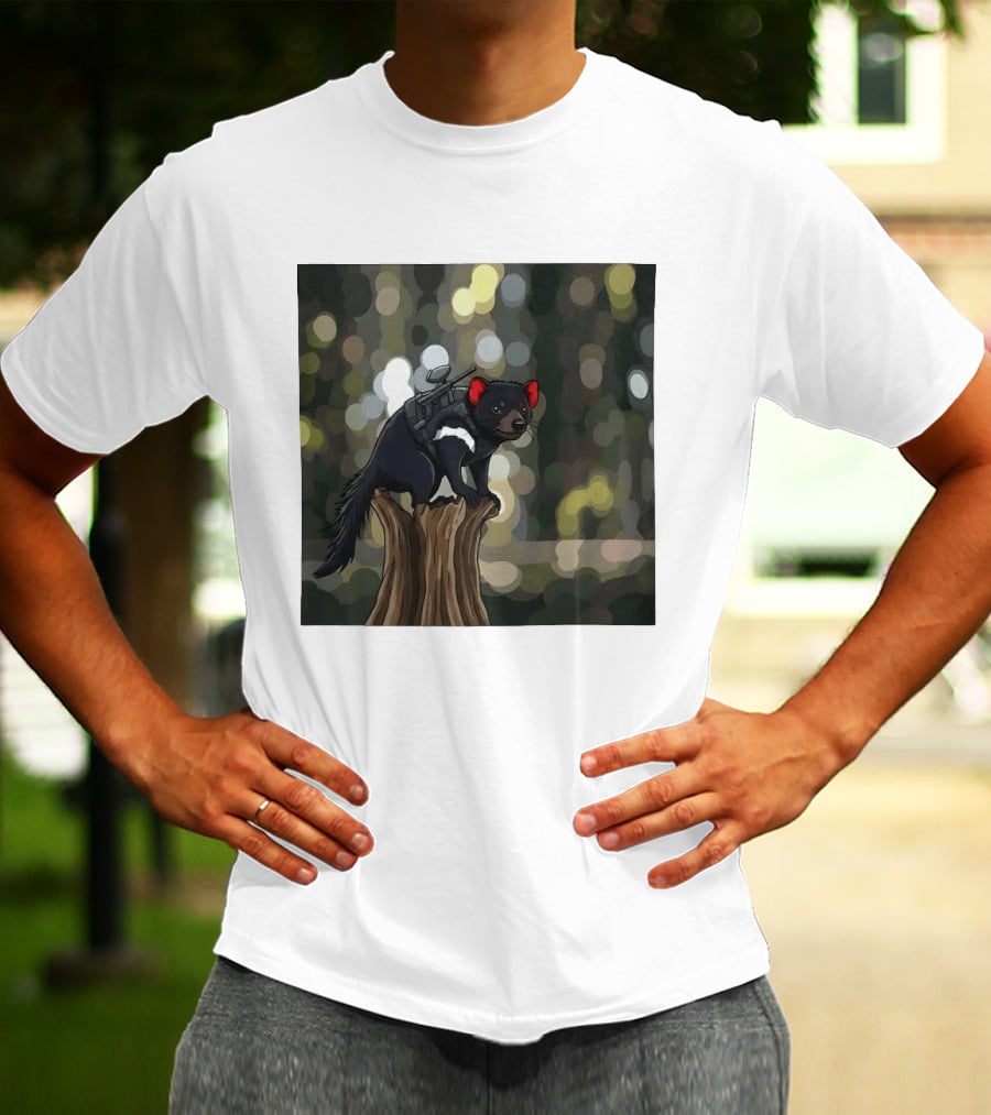 Tasmanian Devil With Machine Gun Cartoon On Tree Stump T-Shirt