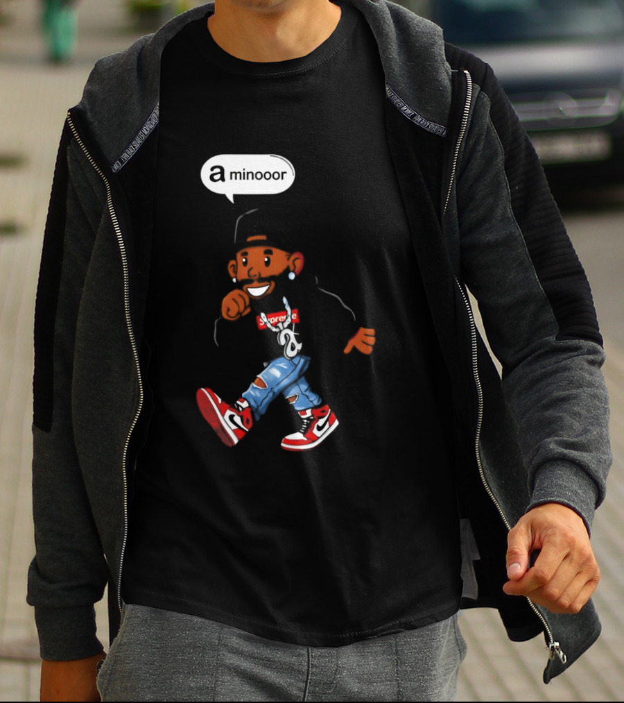 Kendrick Lamar Streetwear Cartoon Miniooor Red Sneakers Blue Jeans T-Shirt