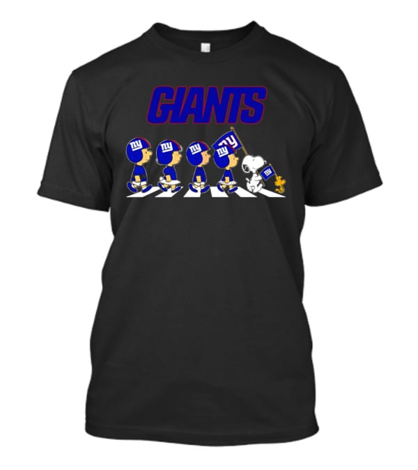 Peanuts Characters Walking With Giants Football Helmets And NY Flag T-Shirt