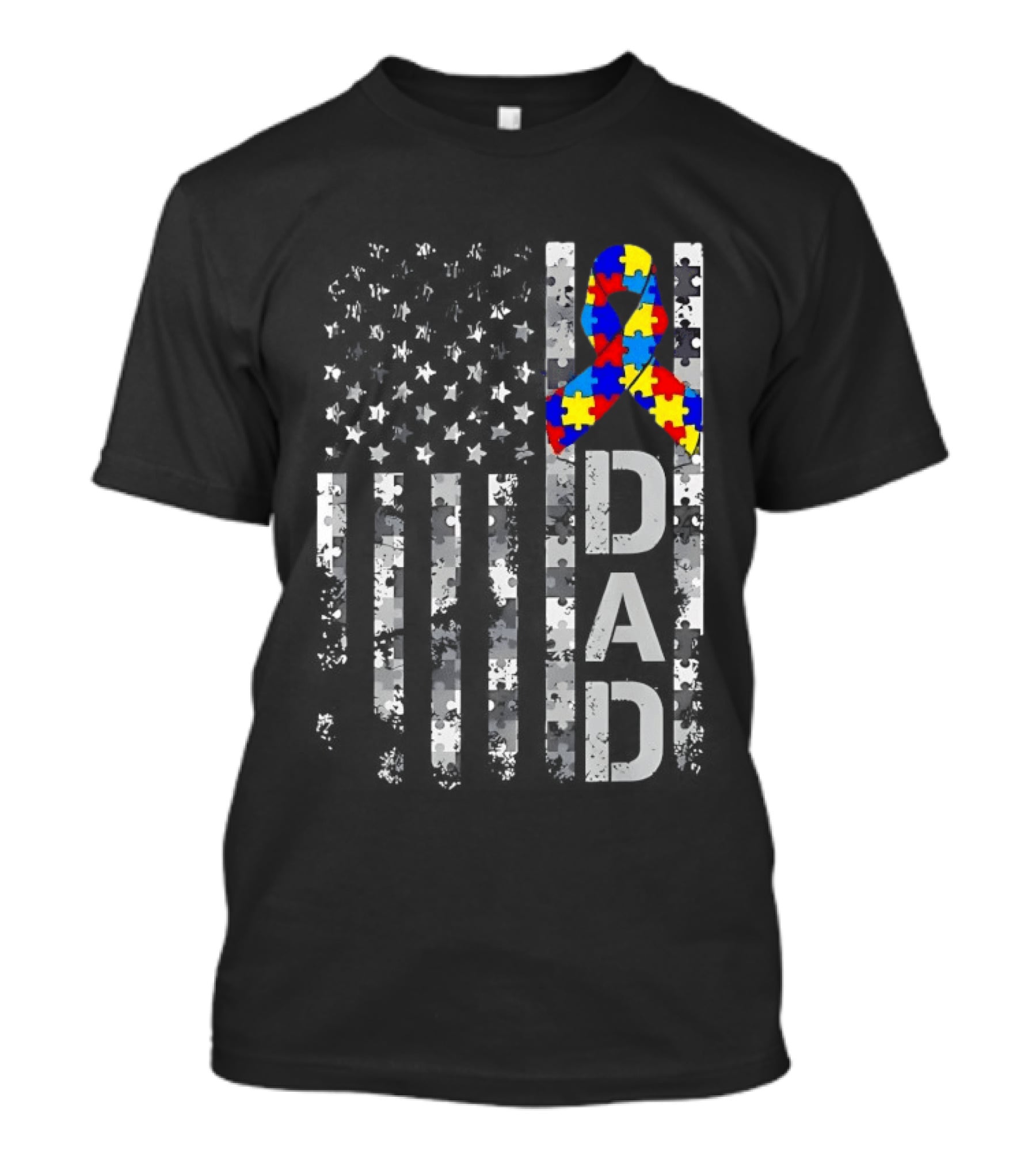 USA Flag With Autism Awareness Puzzle Ribbon Dad Fathers Day T-Shirt
