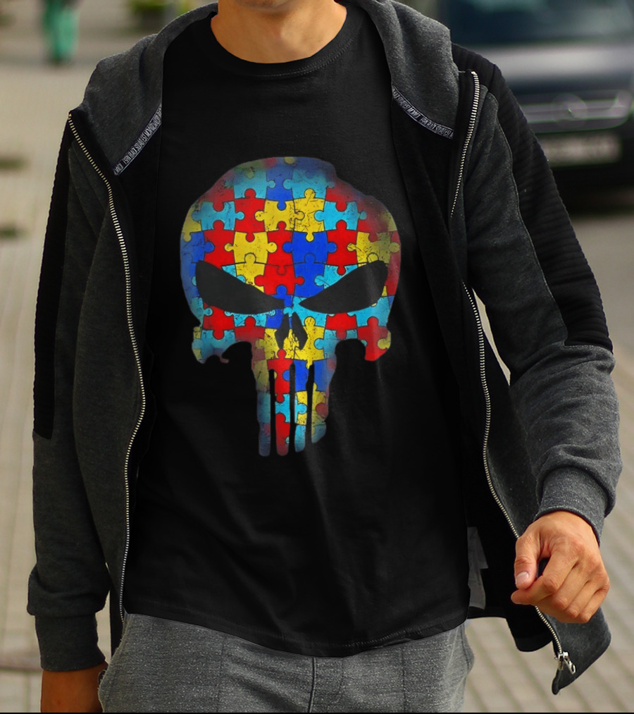 Skull Autism Awareness Puzzle Piece Professional T-Shirt