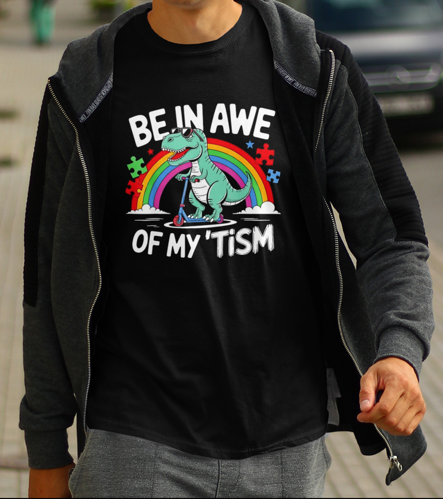 Be In Awe Of My Tism Rex Dinosaur Autism Awareness Rainbow Puzzle T-Shirt