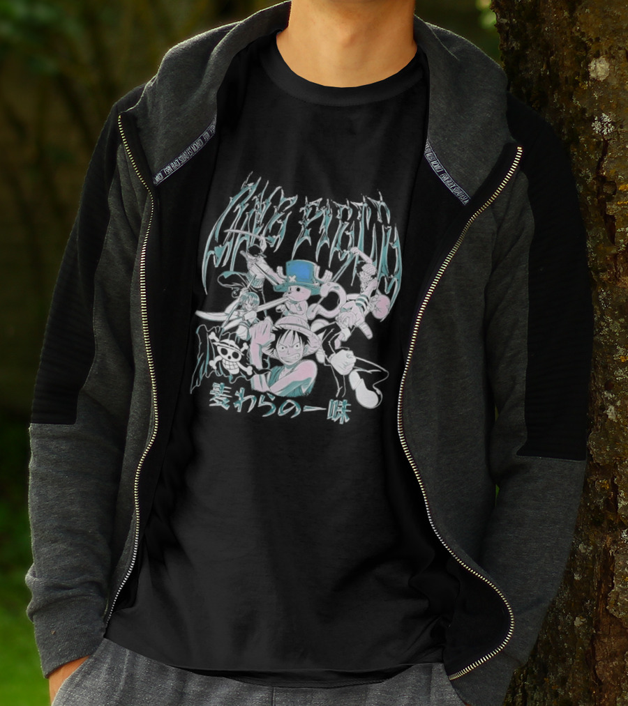 One Piece Group Chrome Luffy Zoro Nami Sanji Chopper Tony Tony Pirate Crew Manga Anime Style Kanji T-Shirt