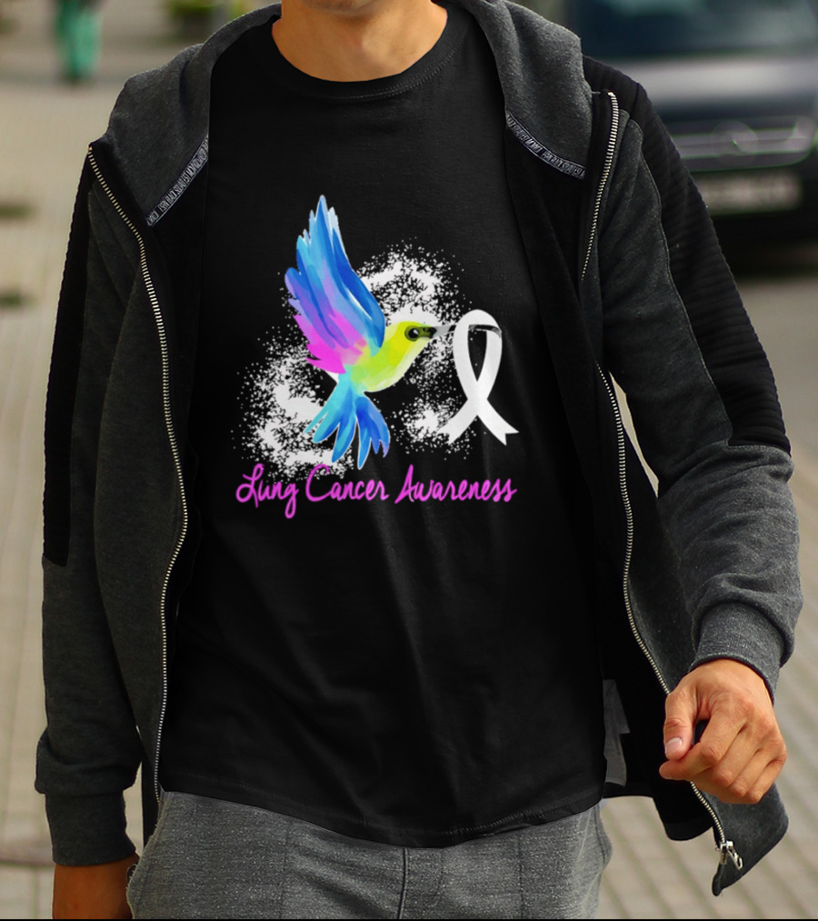Lung Cancer Awareness Hummingbird With White Ribbon T-Shirt