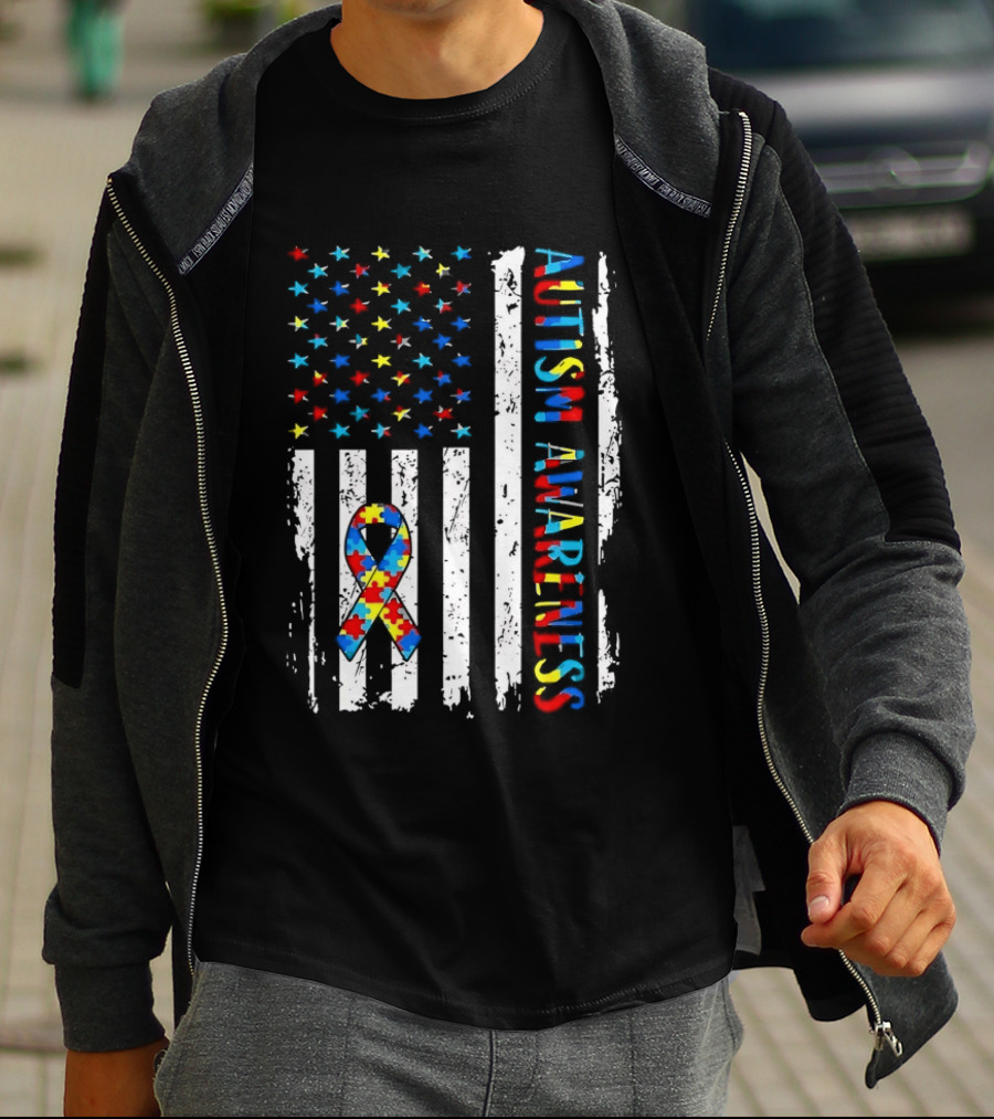 USA Flag Autism Awareness Ribbon Puzzle Pieces T-Shirt