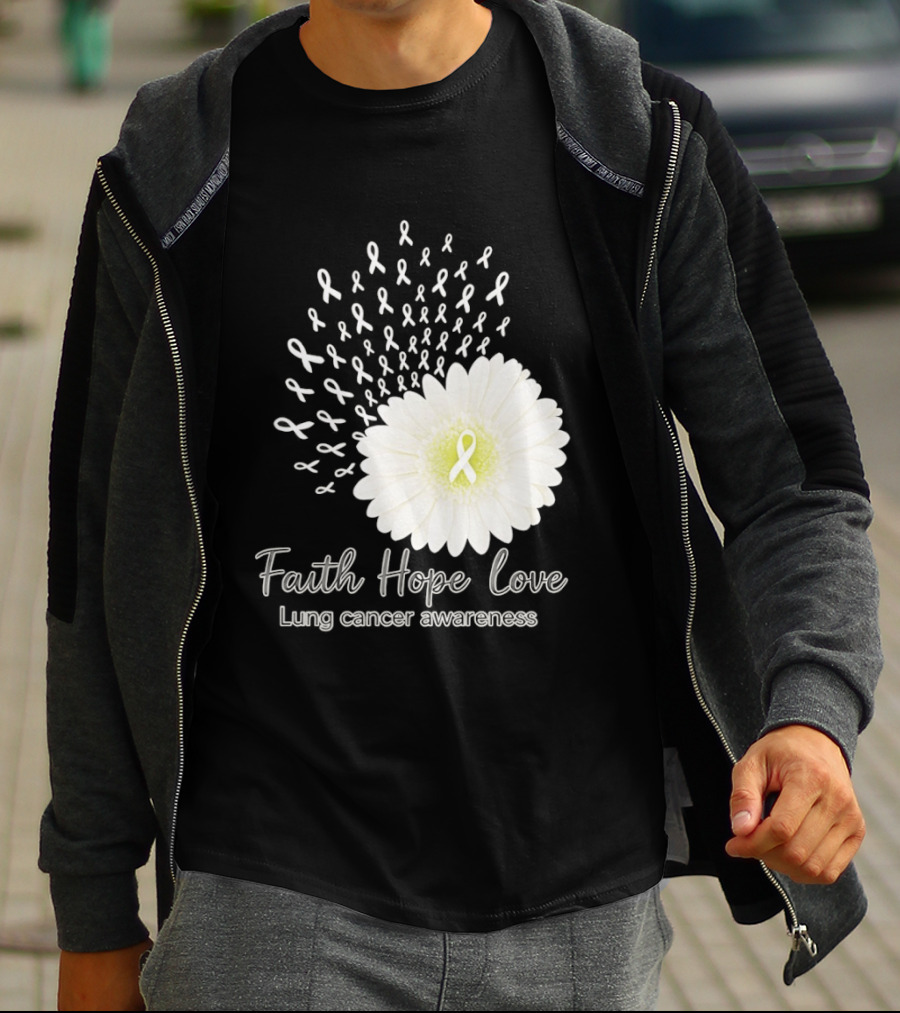 Faith Hope Love White Daisies And Ribbons Lung Cancer Awareness T-Shirt