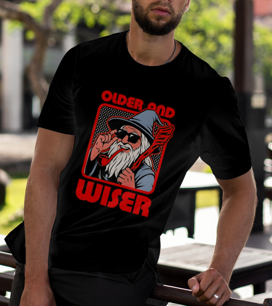 Older And Wiser Wizard Smoking Pipe In Sunglasses Wise Pop T-Shirt