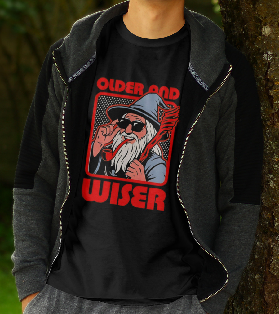 Older And Wiser Wizard Smoking Pipe In Sunglasses Wise Pop T-Shirt