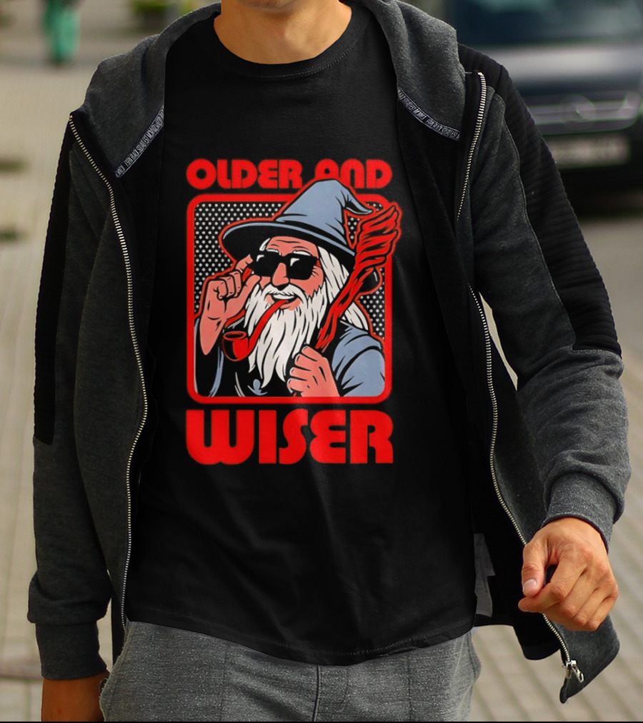 Older And Wiser Wizard Smoking Pipe In Sunglasses Wise Pop T-Shirt