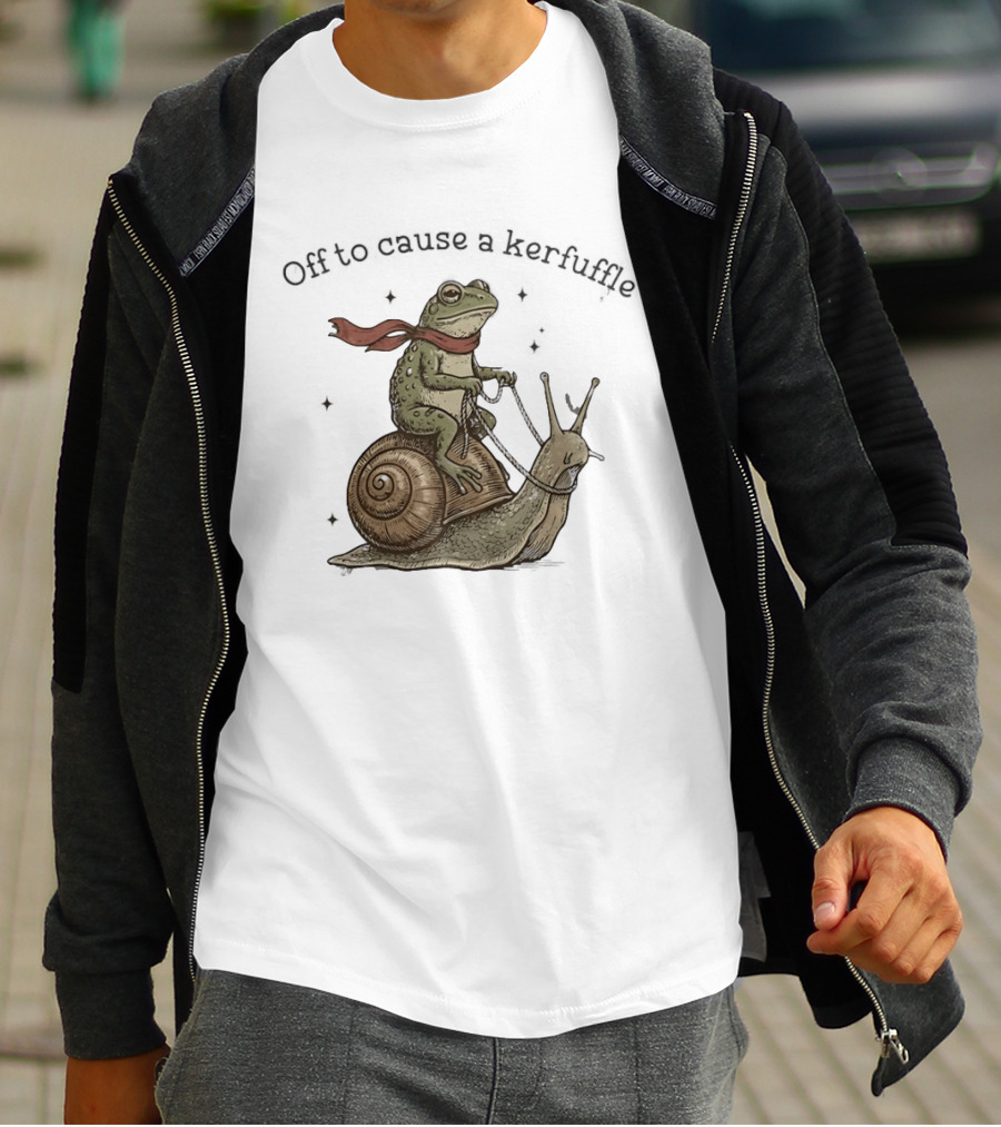 Off To Cause A Kerfuffle Frog Riding Snail Adventure T-Shirt