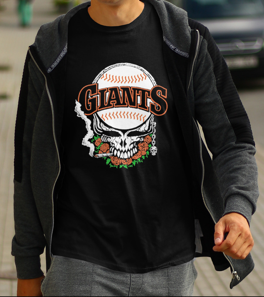 San Francisco Giants Skull With Baseball And Roses T-Shirt