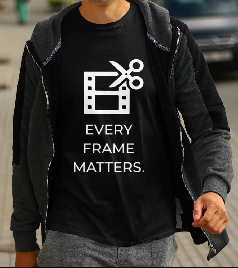 Every Frame Matters Film Editing Icon Scissors And Movie Reel T-Shirt