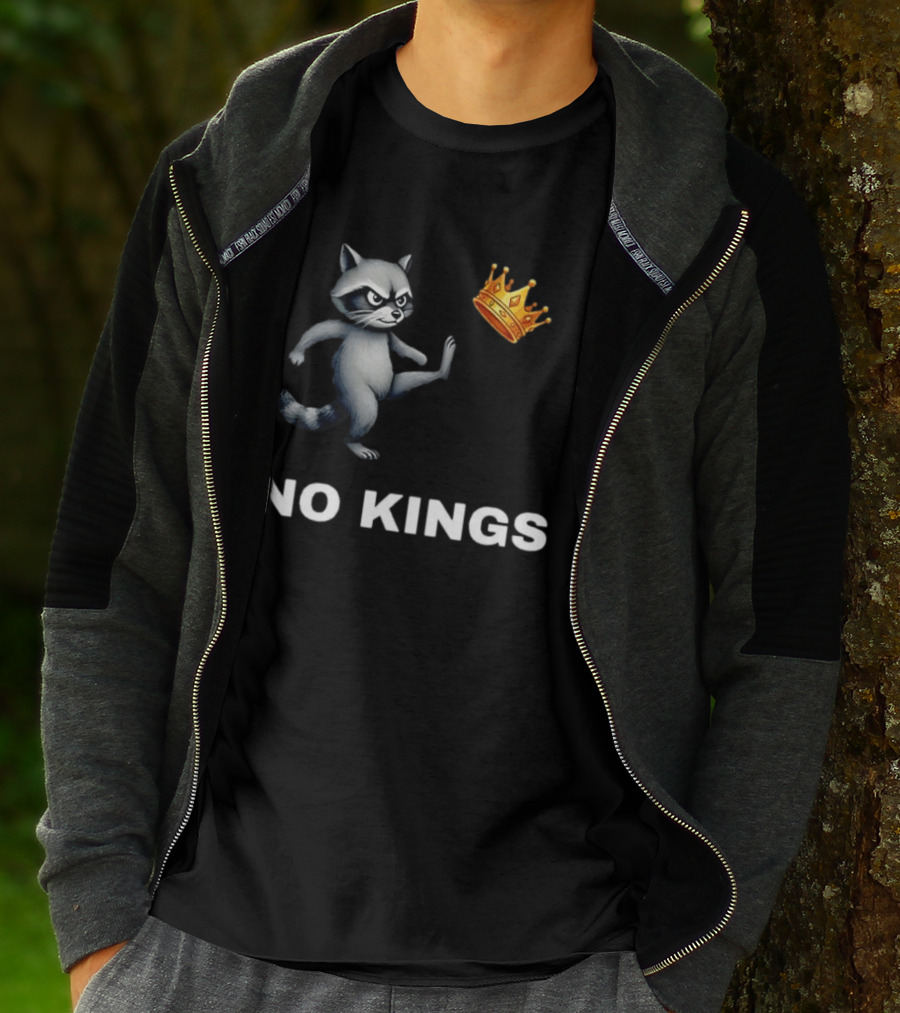 Raccoon Kicking Crown No Kings In America T-Shirt