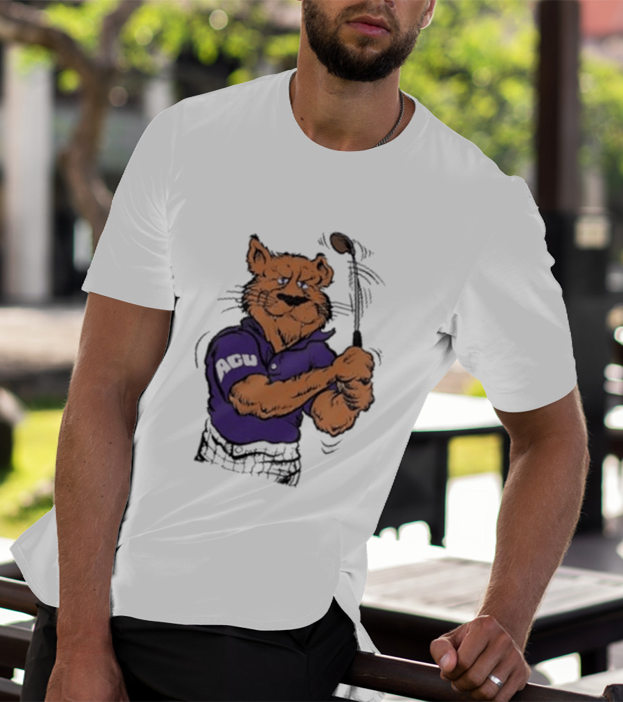 ACU Golf Puma In Purple Polo Swinging A Club T-Shirt