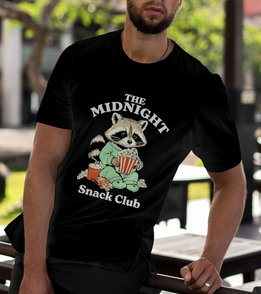 The Midnight Snack Club Raccoon Eating Butter Popcorn Pajamas T-Shirt