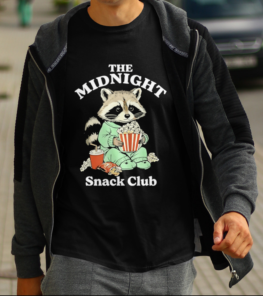 The Midnight Snack Club Raccoon Eating Butter Popcorn Pajamas T-Shirt