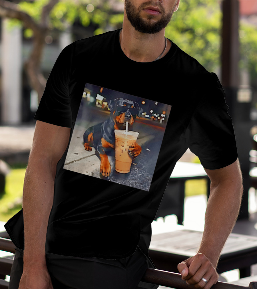 Rottweiler Drinking Iced Coffee Wearing Sunglasses Funny Dog T-Shirt