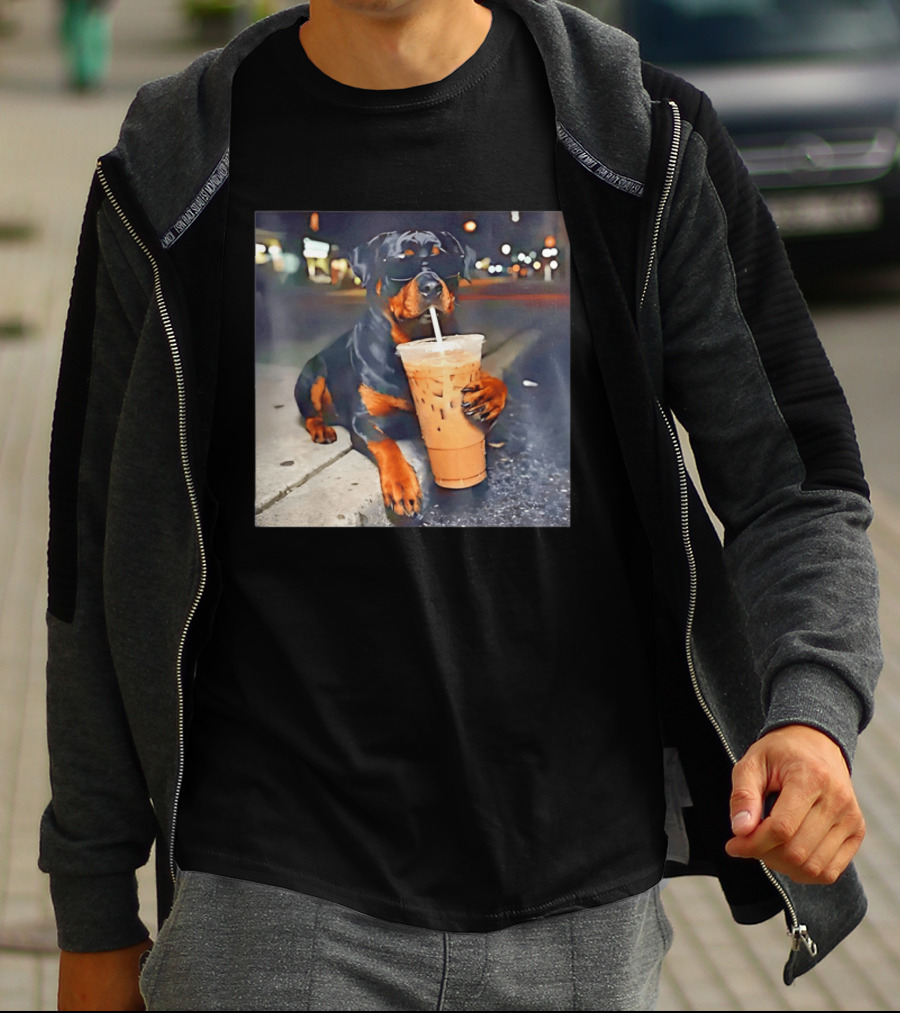 Rottweiler Drinking Iced Coffee Wearing Sunglasses Funny Dog T-Shirt