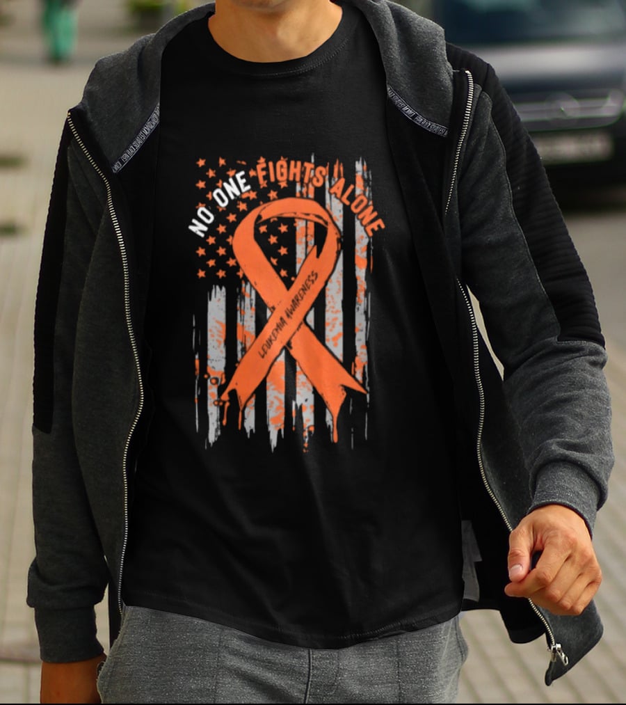 No One Fights Alone Leukemia Awareness Orange Ribbon American Flag T-Shirt