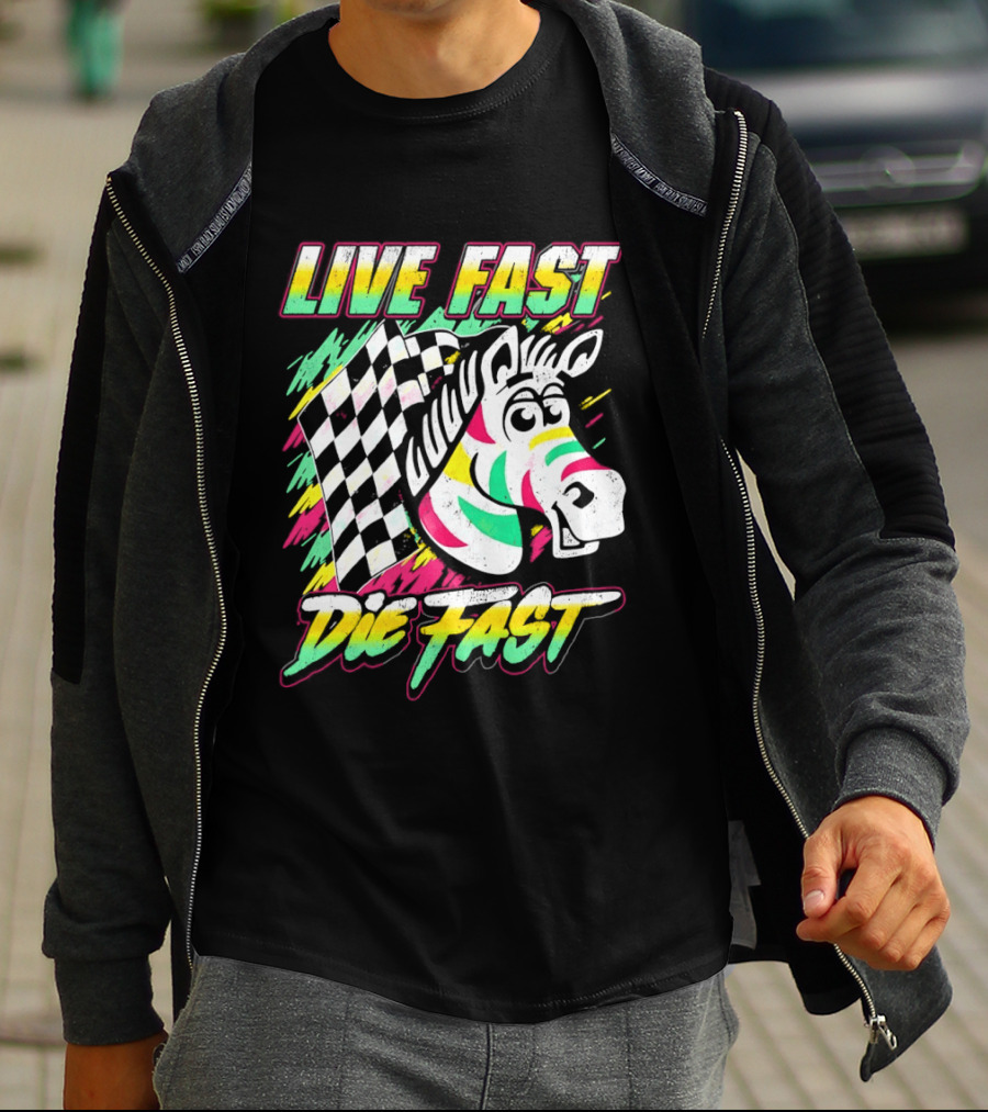 Zebra Checkered Flag Live Fast Die Fast Retro Neon T-Shirt