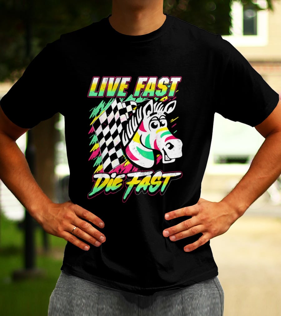 Zebra Checkered Flag Live Fast Die Fast Retro Neon T-Shirt