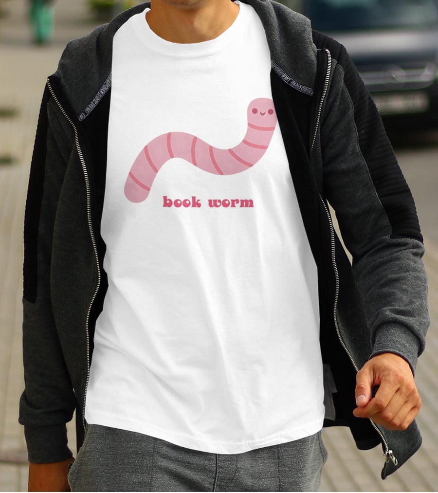 Pink Smiling Book Worm Cute T-Shirt