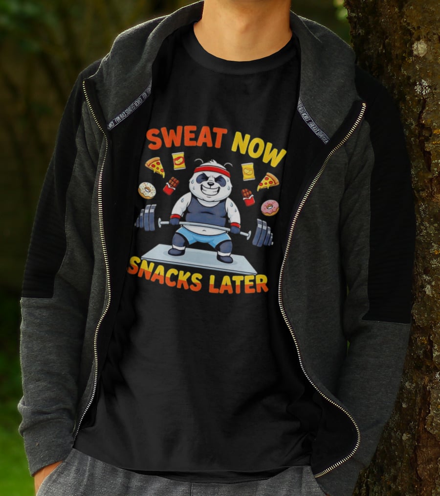 Panda Deadlift Sweat Now Snacks Later Pizza Donut Fast Food T-Shirt