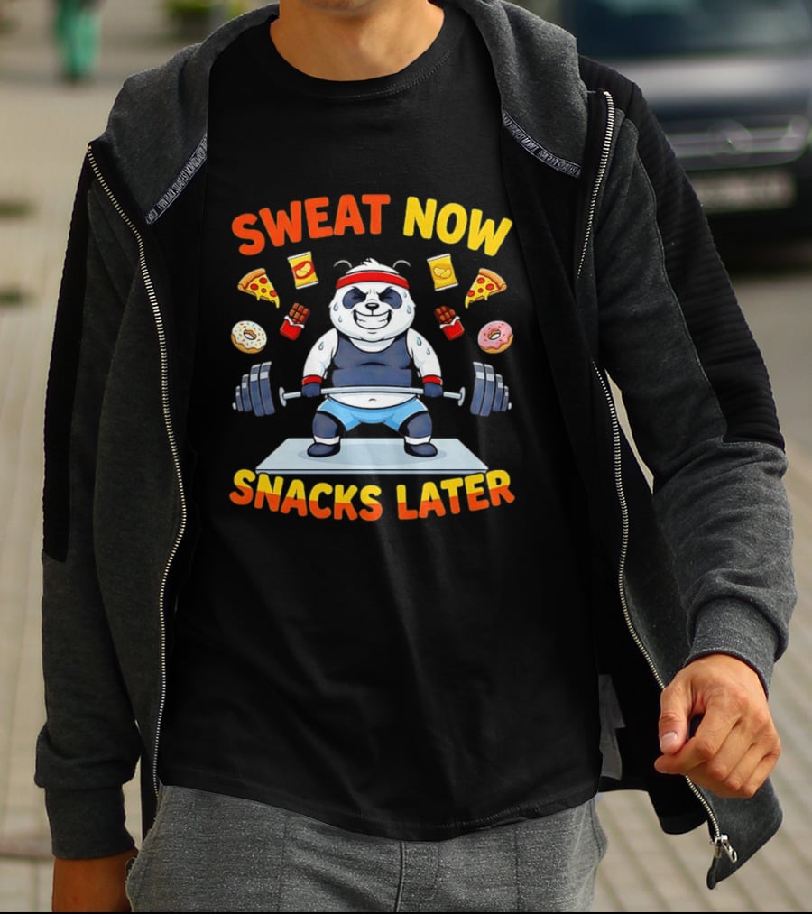Panda Deadlift Sweat Now Snacks Later Pizza Donut Fast Food T-Shirt