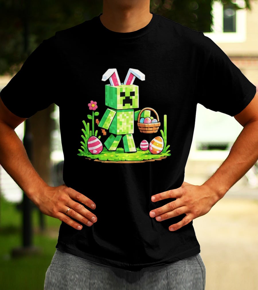 Creeper Rabbit Ears Easter Egg Hunt Gamer Pixel T-Shirt