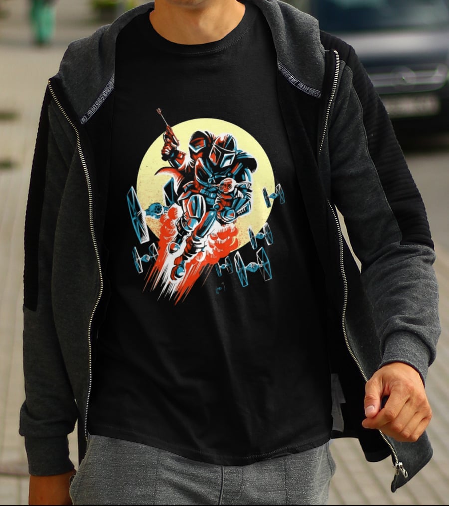 Din Djarin Grogu TIE Fighters Mandalorian Jetpack Adventure T-Shirt