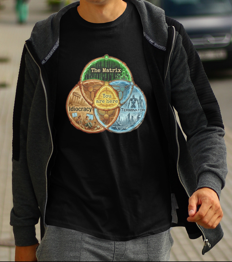 The Matrix Idiocracy Terminator You Are Here Fusion Of Iconic Sci Fi Dystopias T-Shirt