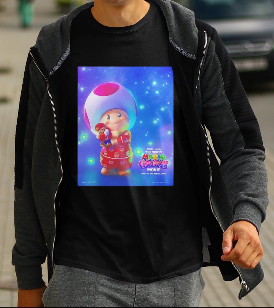 The Super Mario Galaxy Movie Toad Hugging Mario Pajamas Only In Theaters April 1 T-Shirt